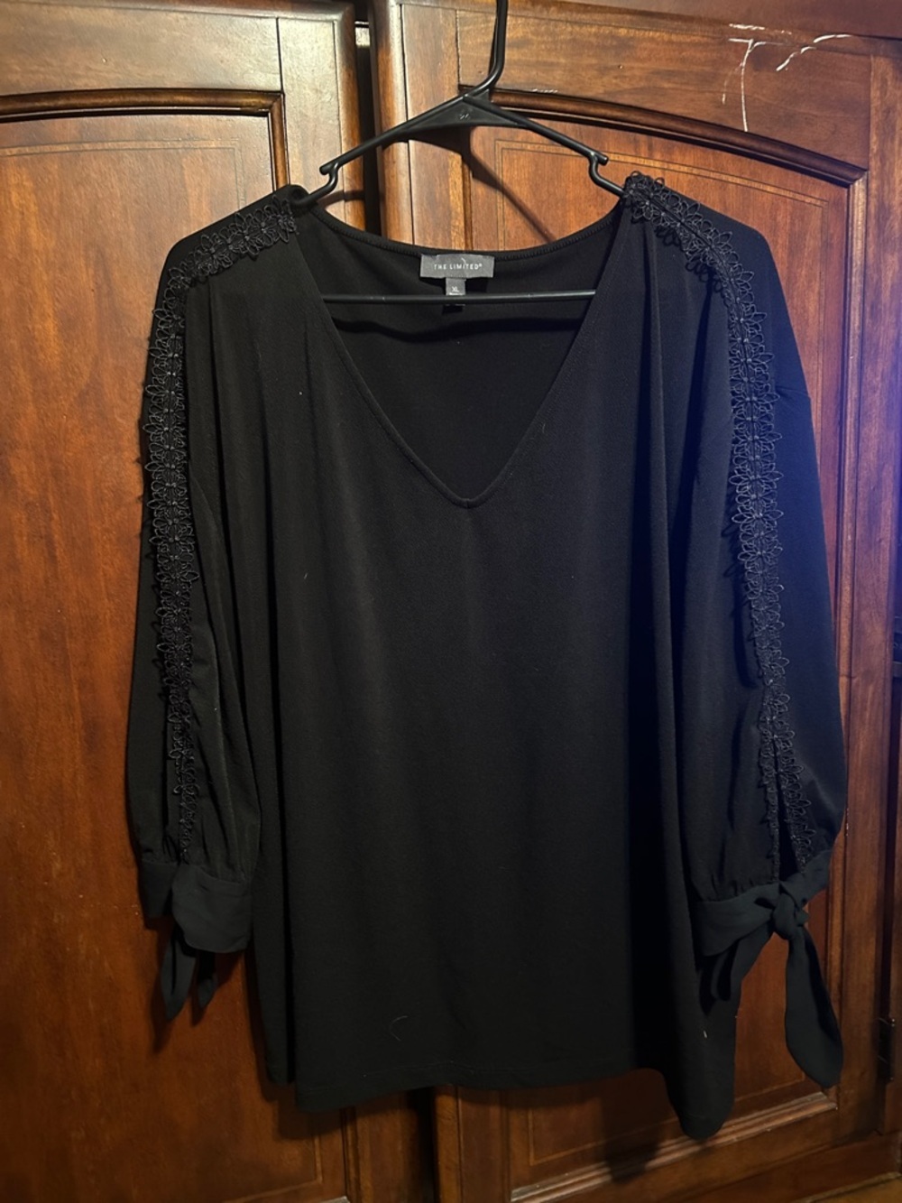 The Limited Black V-Neck Blouse with Lace-Trim Sleeves